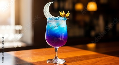 Elegant cocktail with a crescent moon garnish on a wooden bar top background