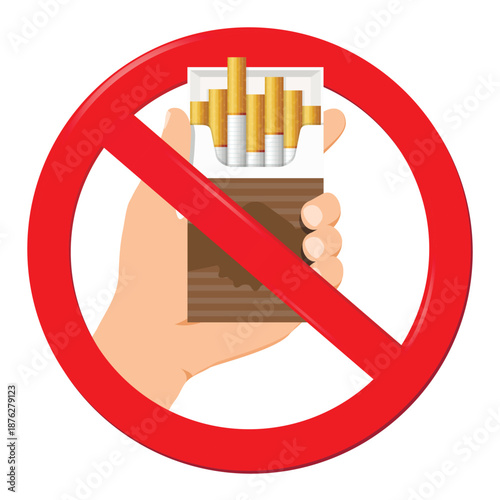 Hand with box of cigarette in red ban sign isolated on white background. No smoking concept.