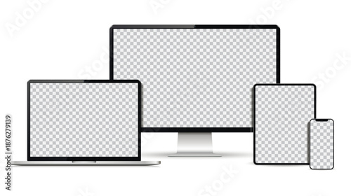 Realistic computer, laptop, tablet, smartphone mockup. Set technology devices with empty display. Vector illustration.