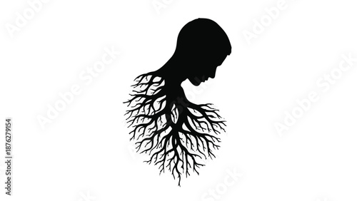 Silhouette of a person with roots growing from their chest, symbolizing growth and connection to nature.