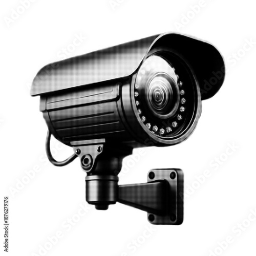 Black and white halftone illustration of a CCTV security camera mounted on a wall, isolated on white background. Surveillance and safety concept for monitoring, protection, and security systems.