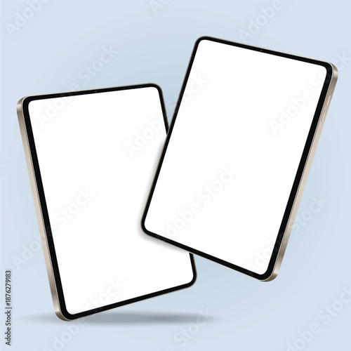 Two tablet with blank screens while levitating in the air on a blue background
