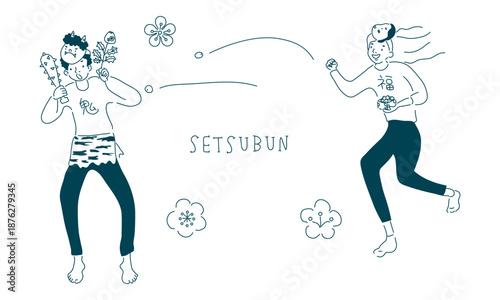 節分の豆まきをする男女のラインアート
