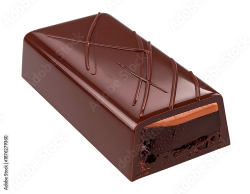 Chocolate confection showing layers, glazed surface, and decorative lines