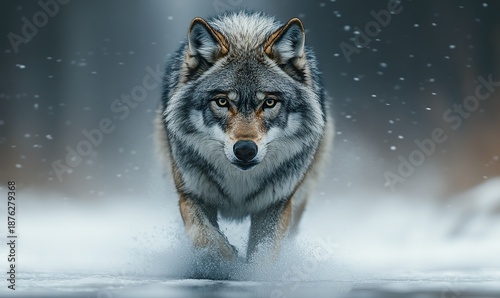 Powerful grey wolf running through fresh snow with an intense gaze.