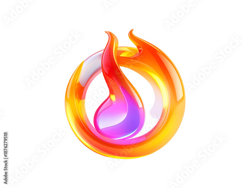 3D rendered, fiery emblem with a central flame within a glowing ring