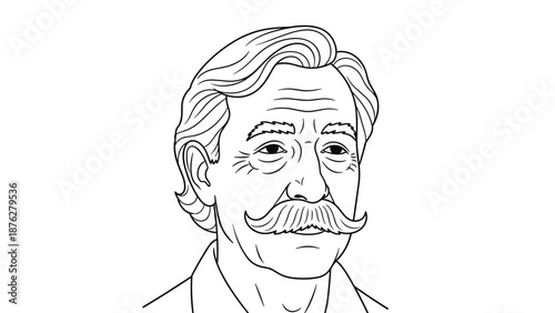 Detailed line art portrait of an older man with thick wavy hair and a prominent, well-groomed handlebar mustache looking slightly to the side.