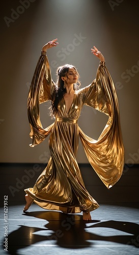 Elegant dancer in golden dress performing under spotlight in studio