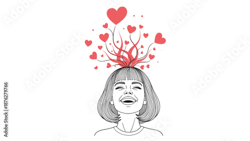 Joyful woman in a line drawing laughs heartily as a cluster of red heart shapes erupts from her head, symbolizing deep love and happiness.