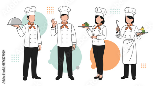 Four professional chefs in white uniforms and tall hats are shown in various poses, including holding a tray, a ladle, and making an okay sign.