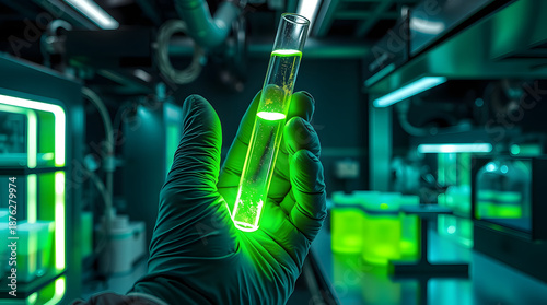 Scientist Holding Glowing Test Tube in Modern Laboratory
