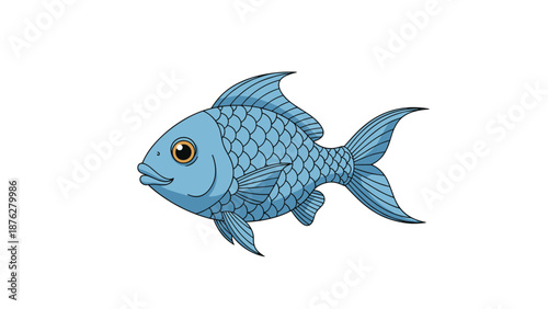 Detailed illustration of a blue fish with well-defined scales and flowing fins swims peacefully against a plain white background.