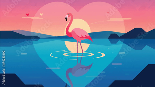 Illustration Of Flamingos Standing In Shallow Water, Forming A Perfect Heart, Lake Sunset Background Vector Design Template
