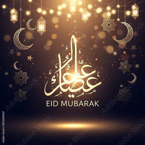 Eid Mubarak greeting card with golden calligraphy and lanterns
