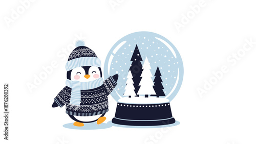 Cheerful penguin wearing a cozy winter sweater and hat stands next to a large snow globe featuring silhouettes of pine trees and falling snow.