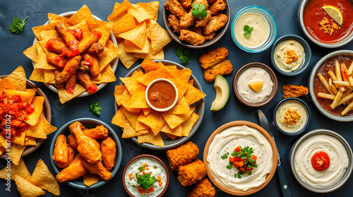 Top-down view of various crispy snacks and dips on a table