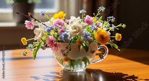 Elegant floral arrangement in decorative teacup on a wooden table with sunlight
