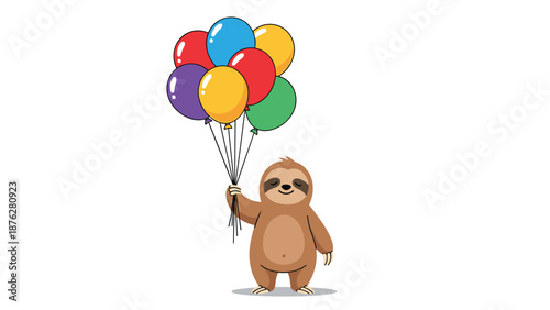 Adorable cartoon sloth is shown standing and holding a large bunch of bright colorful balloons in its hand.