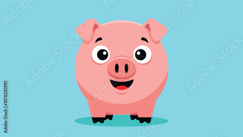 Close up portrait of a very happy pink cartoon pig with a wide smile and big eyes on a bright blue background.