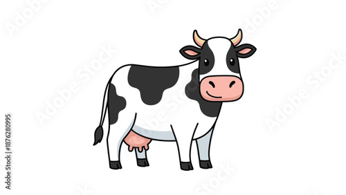 Traditional black and white spotted dairy cow is standing and looking sideways against a plain white background.