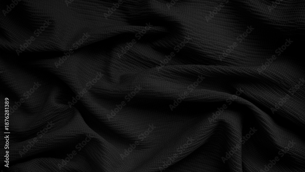 Fototapeta premium Black background texture fabric fiber crumpled grain dark cotton fine cloth pattern grunge textile canvas linen nylon grey abstract polyester material vintage, empty surface soft