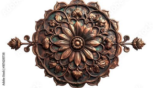 Ornate, symmetrical metalwork with floral design and aged patina