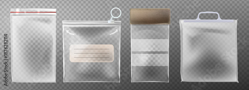Plastic bag mockups with zipper seals and transparent material. Clear vinyl pouches - ziplock packaging with handles, kraft top, label space and realistic shadows for product branding design.