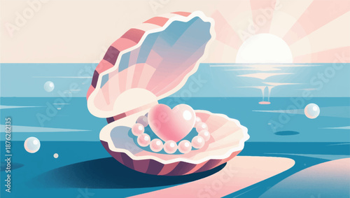 Illustration Of An Open Seashell Showing A Heart-Shaped Pearl, Soft Light Radiating, Sea Background Vector Design Template