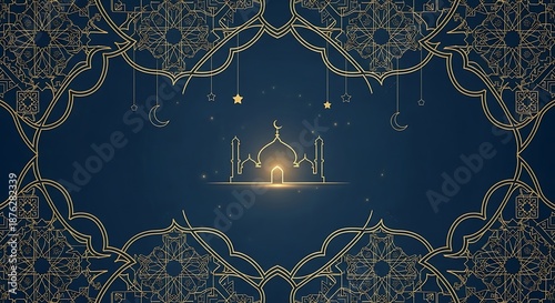 Elegant illustration of a mosque against a dark blue background with golden ornaments