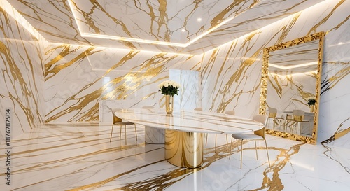 Elegant interior design with marble walls and gold accents