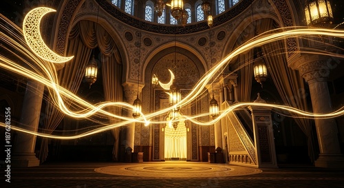 Elegant interior with crescent moon decorations and glowing light trails