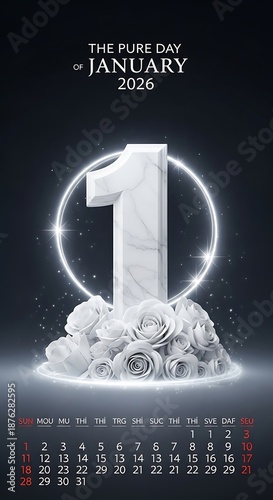 Elegant january 2026 calendar design with white floral arrangement and number one