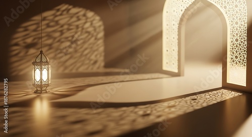 Elegant lantern casting shadows on a decorative archway soft lighting