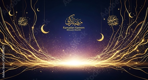 Elegant ramadan kareem greeting with golden crescent moons and decoration