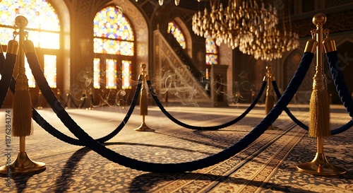 Elegant rope barriers inside large building with gold accents and sunlight