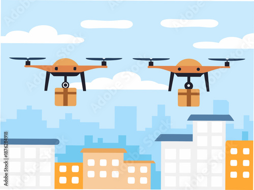 Drones flying over city with packages for delivery