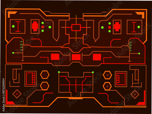 Futuristic circuit board design with neon orange and red lines