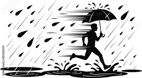 Silhouette of a man running quickly through heavy rain puddles while holding a protective umbrella overhead for shelter