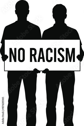 Two figures stand together as silhouettes demanding an end to racial prejudice by holding a clear sign against discrimination.