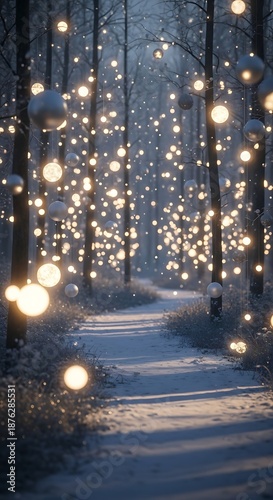 Enchanted forest path lit by glowing orbs in winter scene