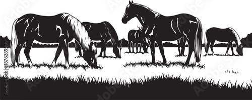 Black and white illustration of horses grazing peacefully together