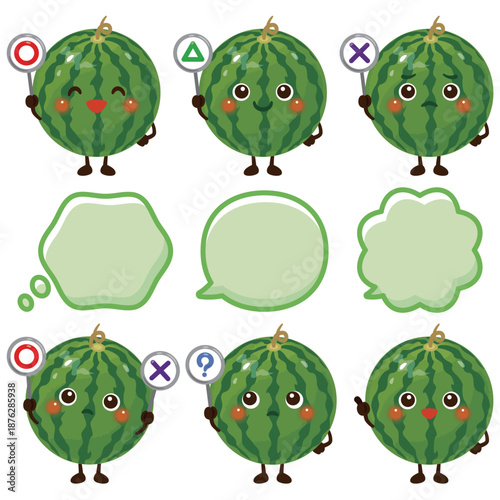 ○×△の札を持ったスイカのキャラクターイラスト／Cute Watermelon Character Illustration Holding O, X, and Triangle Signs