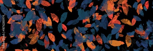 Multicolored abstract leaf pattern with gold and blue hues on a black background, a trendy seamless texture for modern branding, health, or lifestyle.