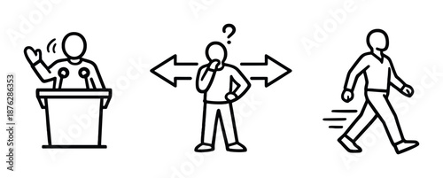 Stick figures depicting public speaking, decision-making, and walking actions