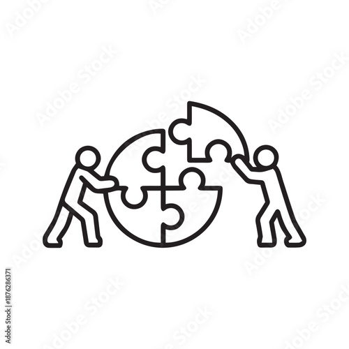 Cooperation, teamwork, linear icon. Joining forces. People putting the puzzle together. Line with editable stroke

