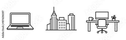 Minimalist icons of laptop, cityscape, and office desk on gradient background