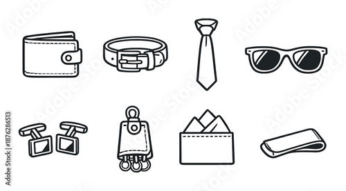 Monochrome icons of men's accessories including wallet, belt, tie, and sunglasses