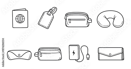 Essential travel accessories set: passport, luggage tag, bags, neck pillow, charger