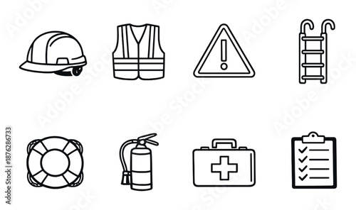 Safety equipment icons: hard hat, vest, ladder, lifebuoy, fire extinguisher, first aid kit