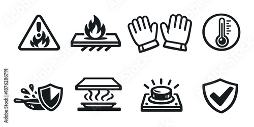 Safety icons: fire, gloves, temperature, and more on dark background